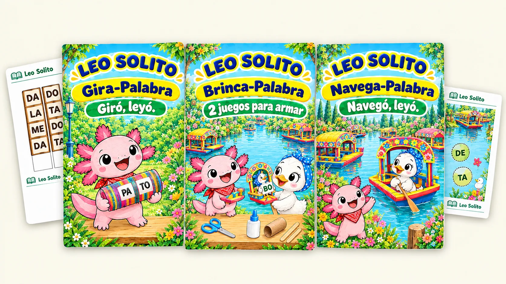 Portadas del Gira-Palabra, del Brinca-Palabra y del Navega-Palabra