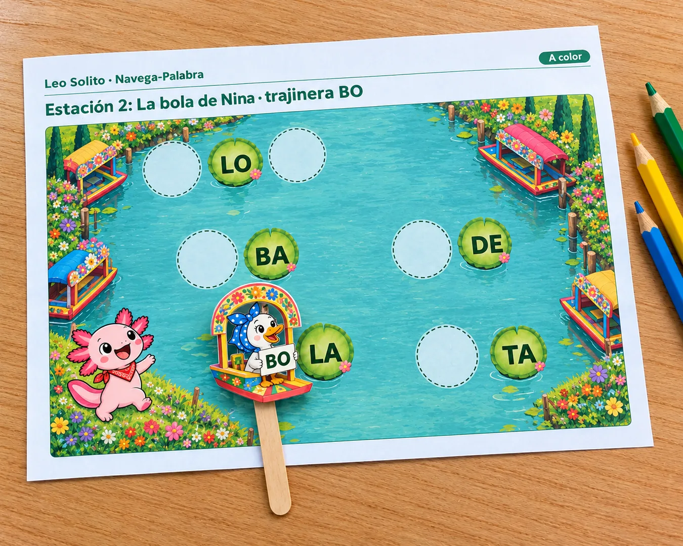 Canal de Xochimilco de la Estación 2 con la trajinera de Pati y la sílaba BO