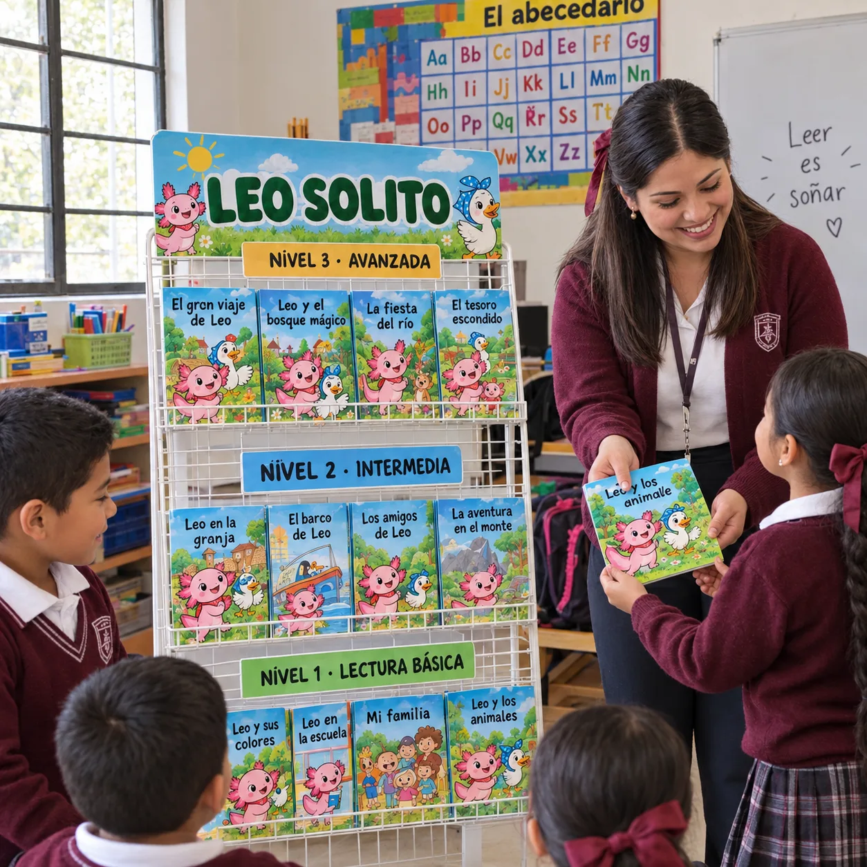 Maestra entregando el librito La bola de Nina, junto al exhibidor del Leo Solito con los 20 libritos por nivel