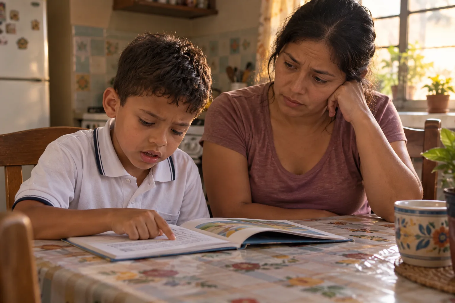 Niño leyendo despacio, con el dedo detenido en la misma palabra