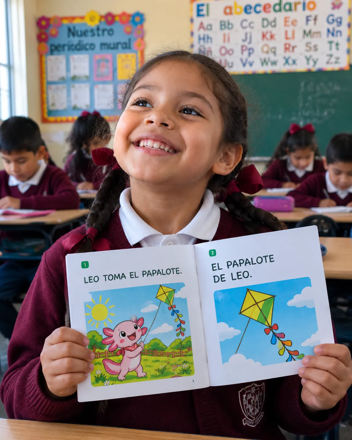Niña sonriendo con el librito El papalote de Leo abierto